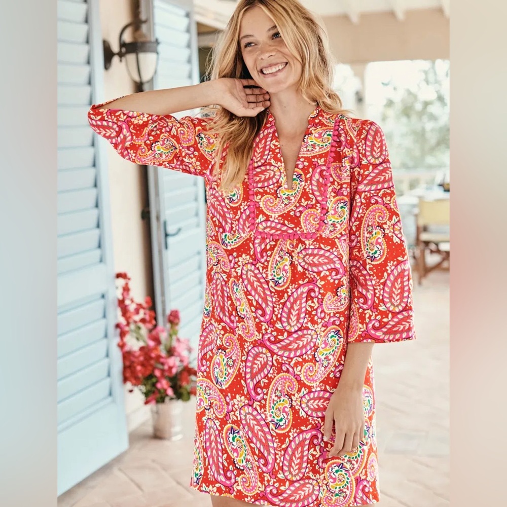 Boden Evangeline Linen Tunic in Red Pop, Mexican Paisley, size 10R